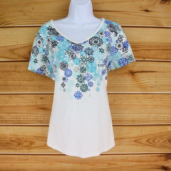 Studio Works Tops - Studio Works Short Sleeve Shirt Womens Sz 1X White Blue Floral Cotton V-Neck NEW